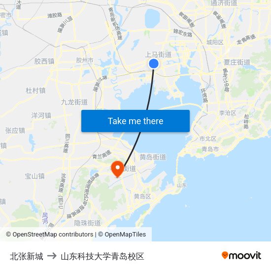 北张新城 to 山东科技大学青岛校区 map