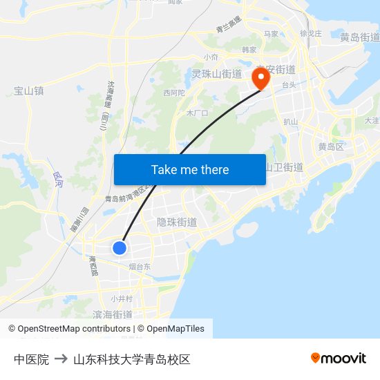 中医院 to 山东科技大学青岛校区 map