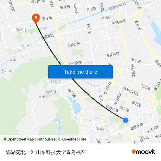 锦湖苑北 to 山东科技大学青岛校区 map
