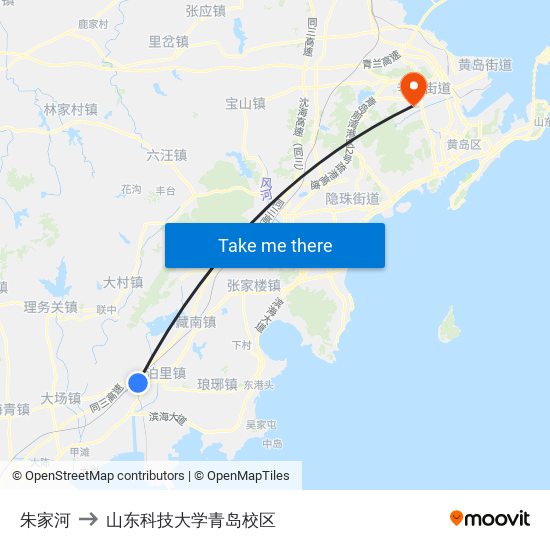 朱家河 to 山东科技大学青岛校区 map