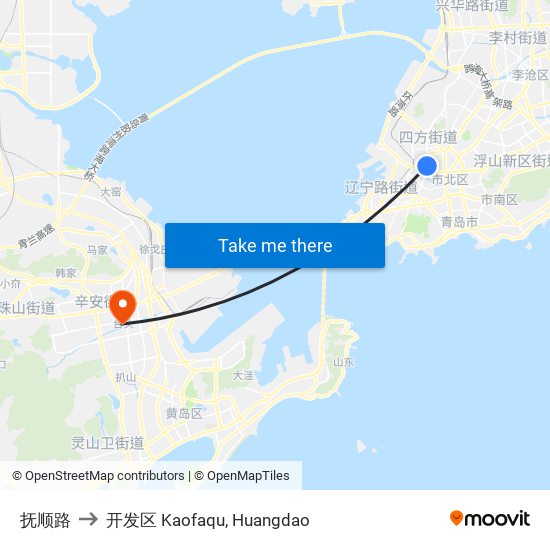 抚顺路 to 开发区 Kaofaqu, Huangdao map