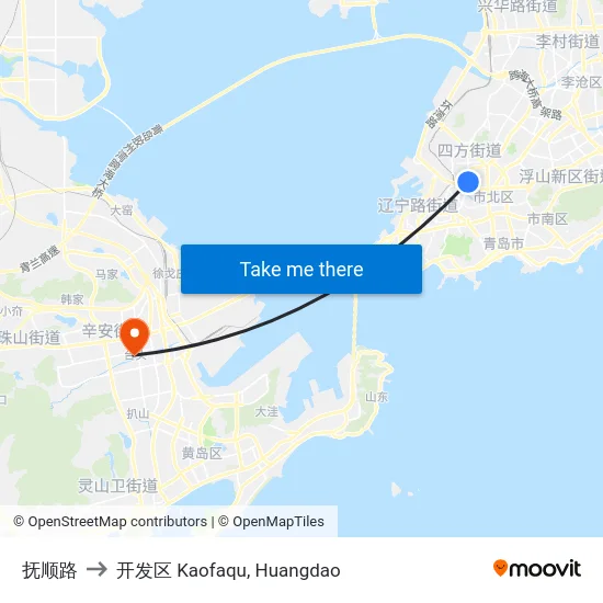 抚顺路 to 开发区 Kaofaqu, Huangdao map