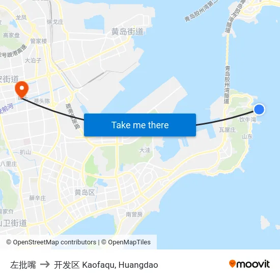 左批嘴 to 开发区 Kaofaqu, Huangdao map