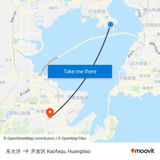 东大洋 to 开发区 Kaofaqu, Huangdao map