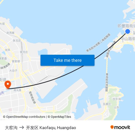 大窑沟 to 开发区 Kaofaqu, Huangdao map