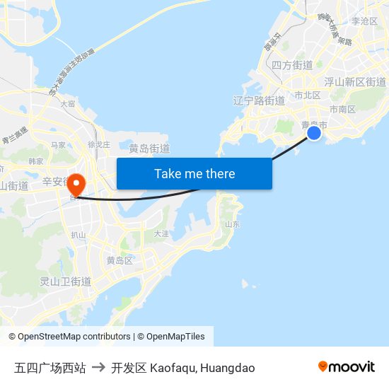 五四广场西站 to 开发区 Kaofaqu, Huangdao map