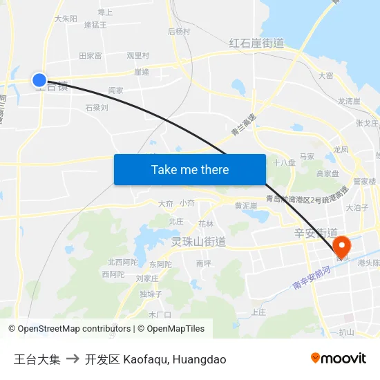 王台大集 to 开发区 Kaofaqu, Huangdao map