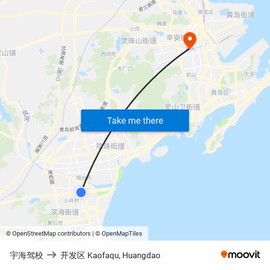 宇海驾校 to 开发区 Kaofaqu, Huangdao map