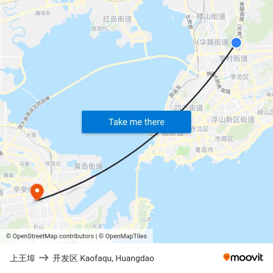 上王埠 to 开发区 Kaofaqu, Huangdao map