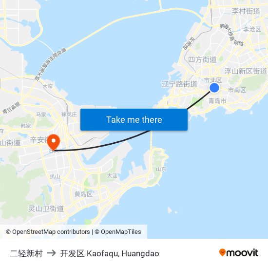 二轻新村 to 开发区 Kaofaqu, Huangdao map