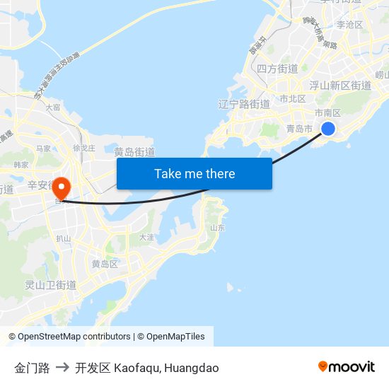 金门路 to 开发区 Kaofaqu, Huangdao map