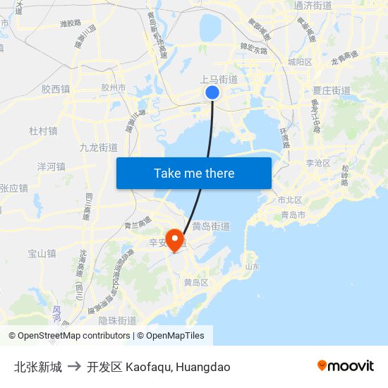 北张新城 to 开发区 Kaofaqu, Huangdao map