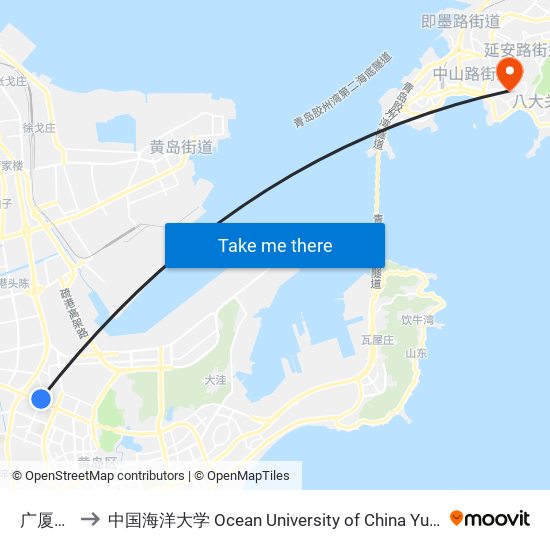 广厦花园 to 中国海洋大学 Ocean University of China Yushan Campus map