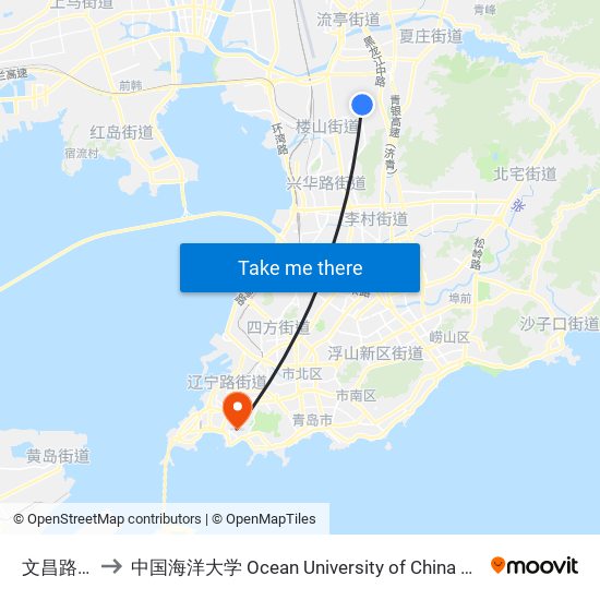 文昌路北站 to 中国海洋大学 Ocean University of China Yushan Campus map