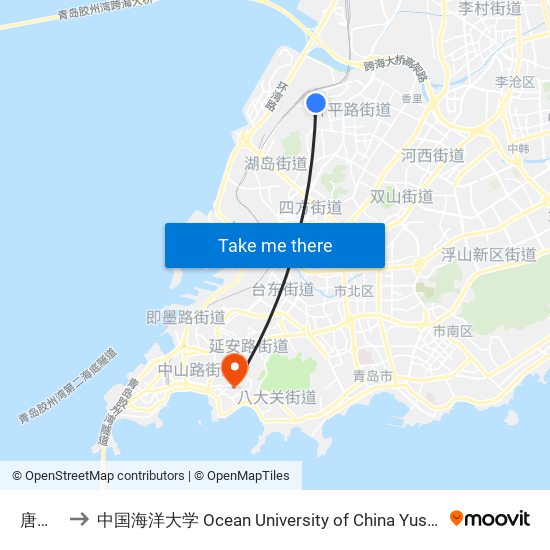 唐河路 to 中国海洋大学 Ocean University of China Yushan Campus map