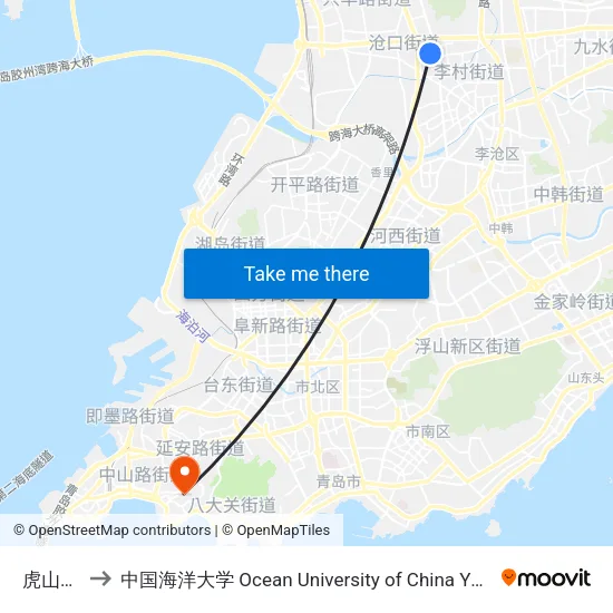 虎山新苑 to 中国海洋大学 Ocean University of China Yushan Campus map
