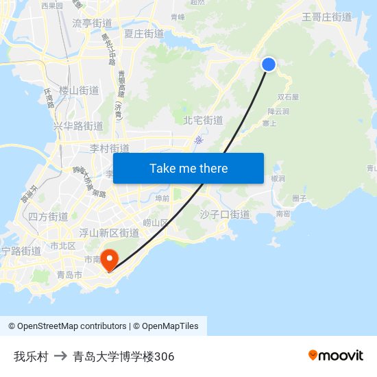 我乐村 to 青岛大学博学楼306 map