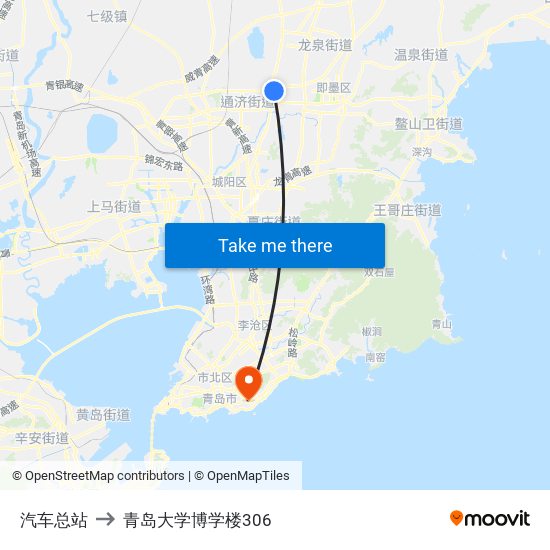 汽车总站 to 青岛大学博学楼306 map