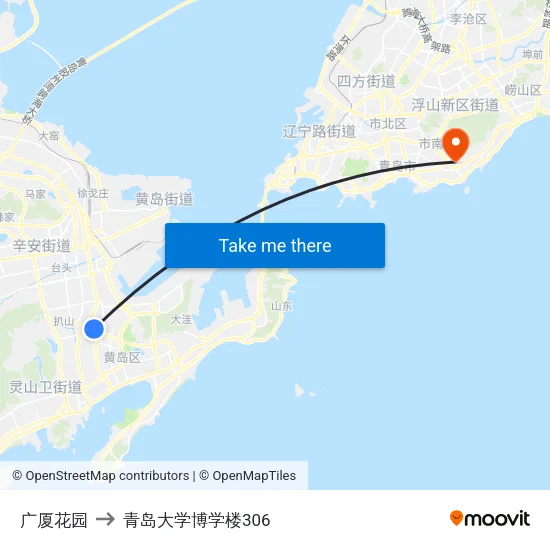 广厦花园 to 青岛大学博学楼306 map