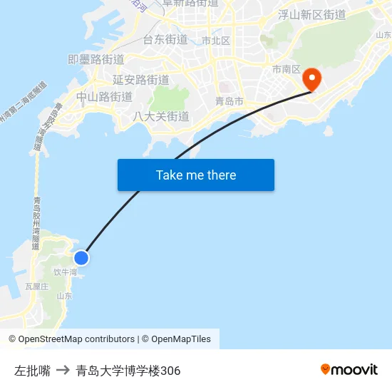左批嘴 to 青岛大学博学楼306 map