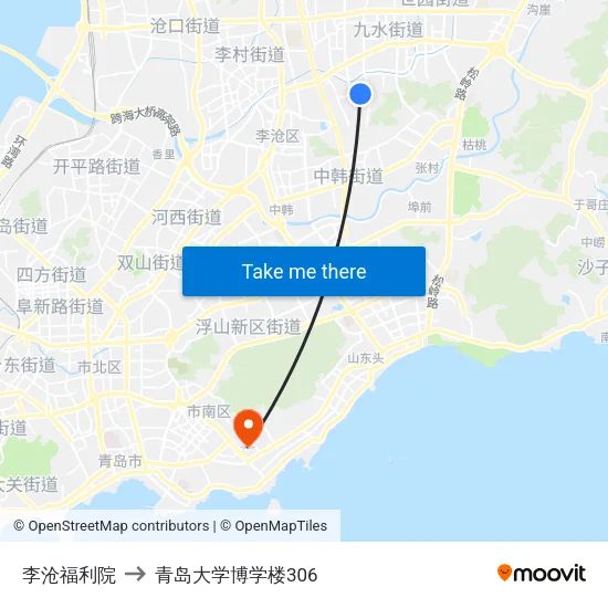 李沧福利院 to 青岛大学博学楼306 map