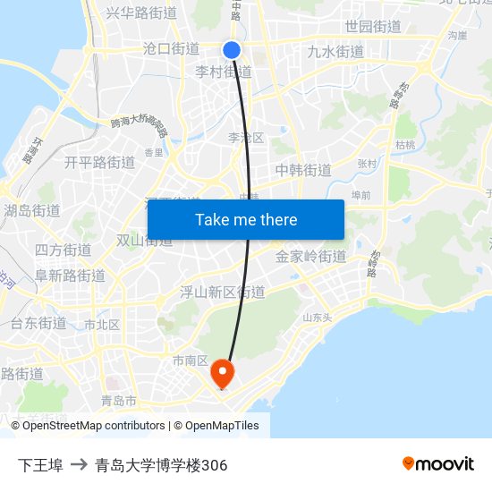 下王埠 to 青岛大学博学楼306 map