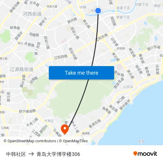 中韩社区 to 青岛大学博学楼306 map