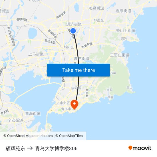 硕辉苑东 to 青岛大学博学楼306 map