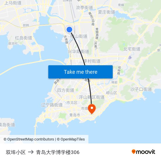 双埠小区 to 青岛大学博学楼306 map