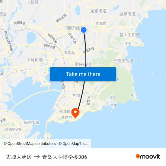 古城大药房 to 青岛大学博学楼306 map