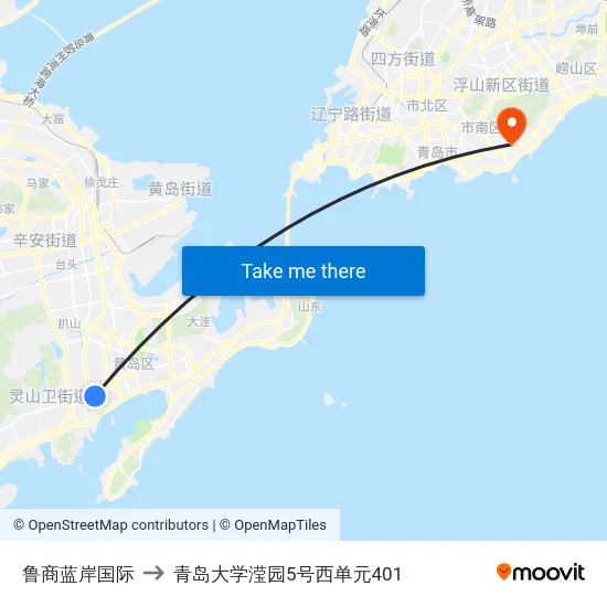 鲁商蓝岸国际 to 青岛大学滢园5号西单元401 map
