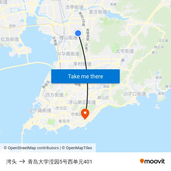 湾头 to 青岛大学滢园5号西单元401 map