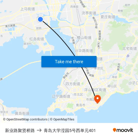 新业路聚贤桥路 to 青岛大学滢园5号西单元401 map