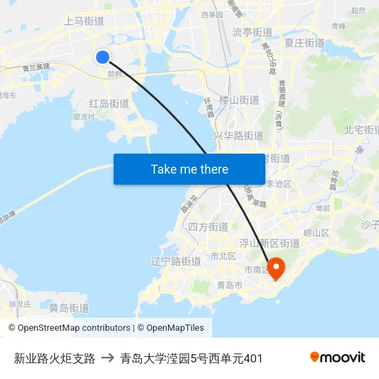 新业路火炬支路 to 青岛大学滢园5号西单元401 map