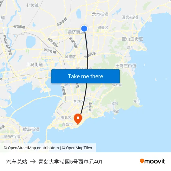 汽车总站 to 青岛大学滢园5号西单元401 map