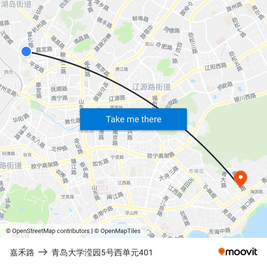 嘉禾路 to 青岛大学滢园5号西单元401 map