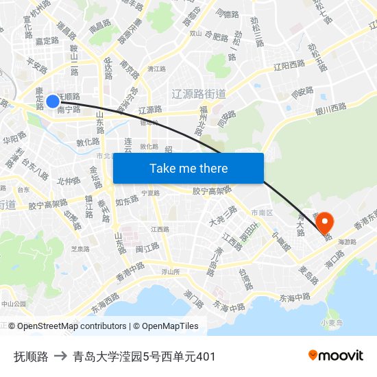 抚顺路 to 青岛大学滢园5号西单元401 map