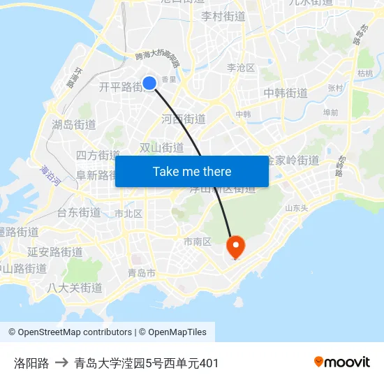 洛阳路 to 青岛大学滢园5号西单元401 map
