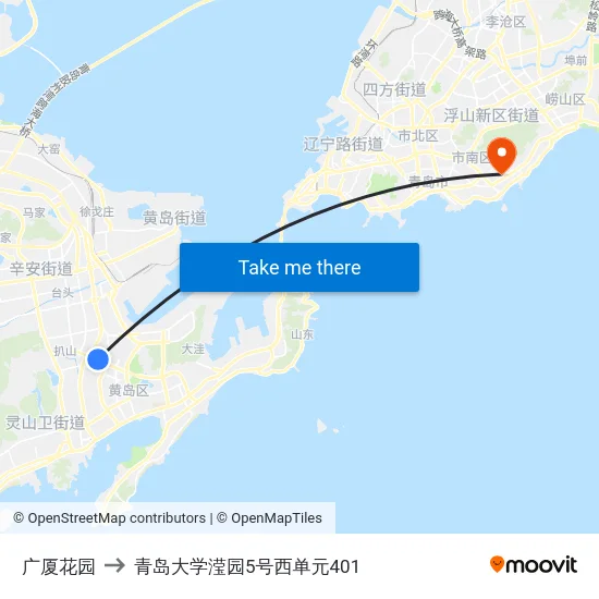 广厦花园 to 青岛大学滢园5号西单元401 map