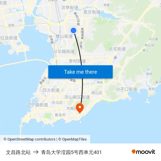 文昌路北站 to 青岛大学滢园5号西单元401 map