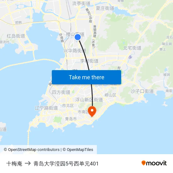 十梅庵 to 青岛大学滢园5号西单元401 map