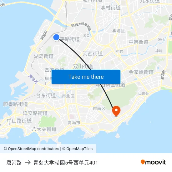 唐河路 to 青岛大学滢园5号西单元401 map
