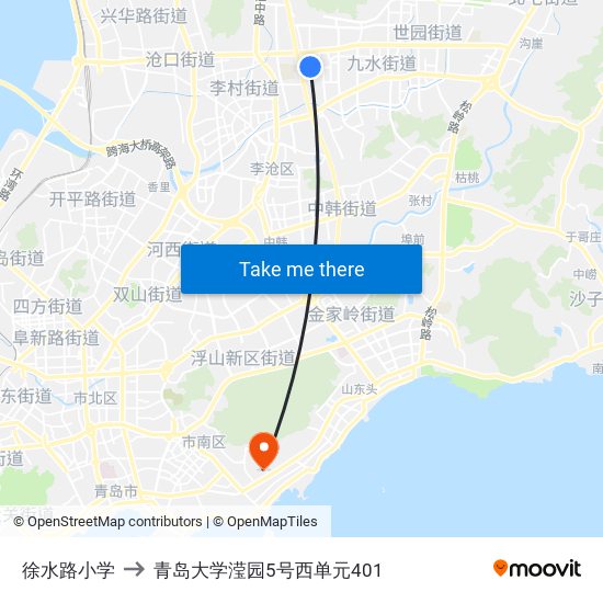 徐水路小学 to 青岛大学滢园5号西单元401 map