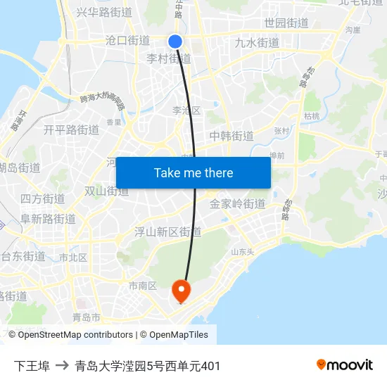 下王埠 to 青岛大学滢园5号西单元401 map