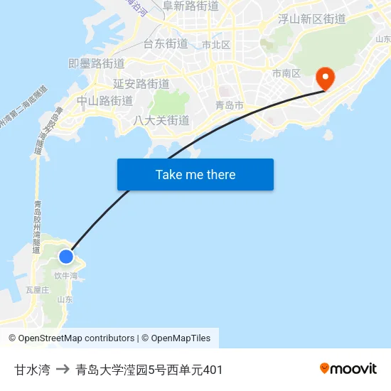 甘水湾 to 青岛大学滢园5号西单元401 map