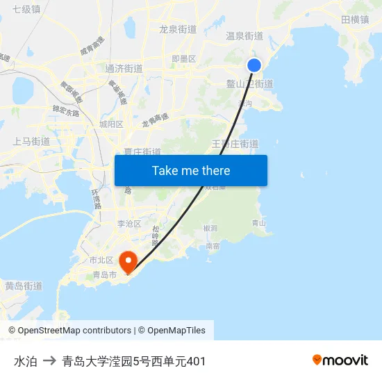 水泊 to 青岛大学滢园5号西单元401 map