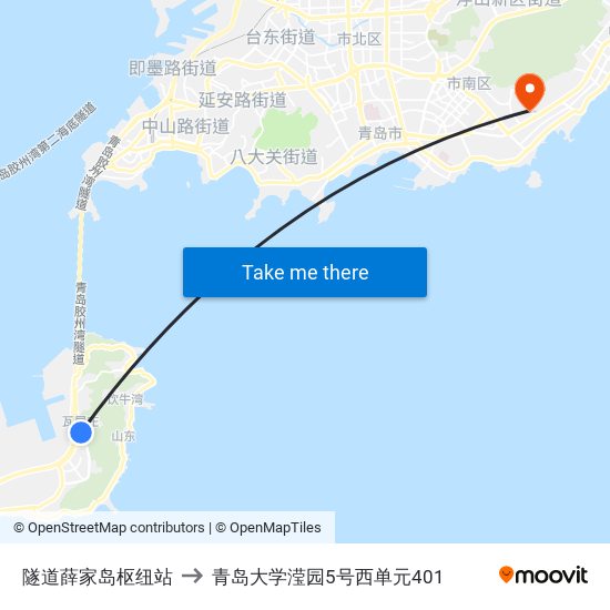 隧道薛家岛枢纽站 to 青岛大学滢园5号西单元401 map