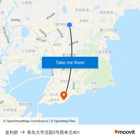 老利群 to 青岛大学滢园5号西单元401 map
