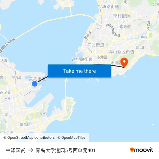 中泽国货 to 青岛大学滢园5号西单元401 map