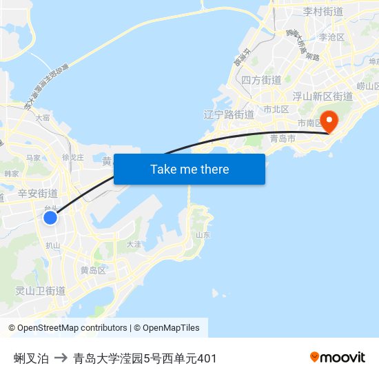蜊叉泊 to 青岛大学滢园5号西单元401 map